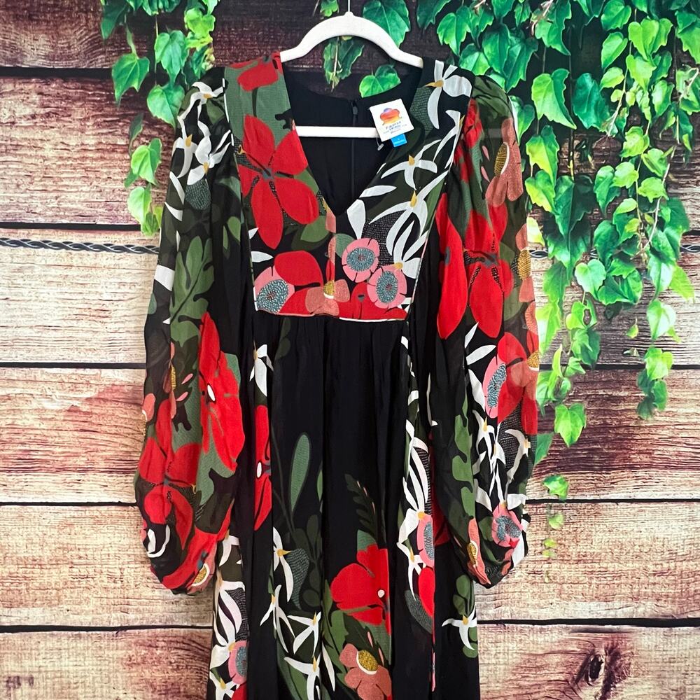 Farm Rio x Anthropologie Long Sleeve V Neck Floral Maxi Dress Balloon Sleeve S - Picture 6 of 11
